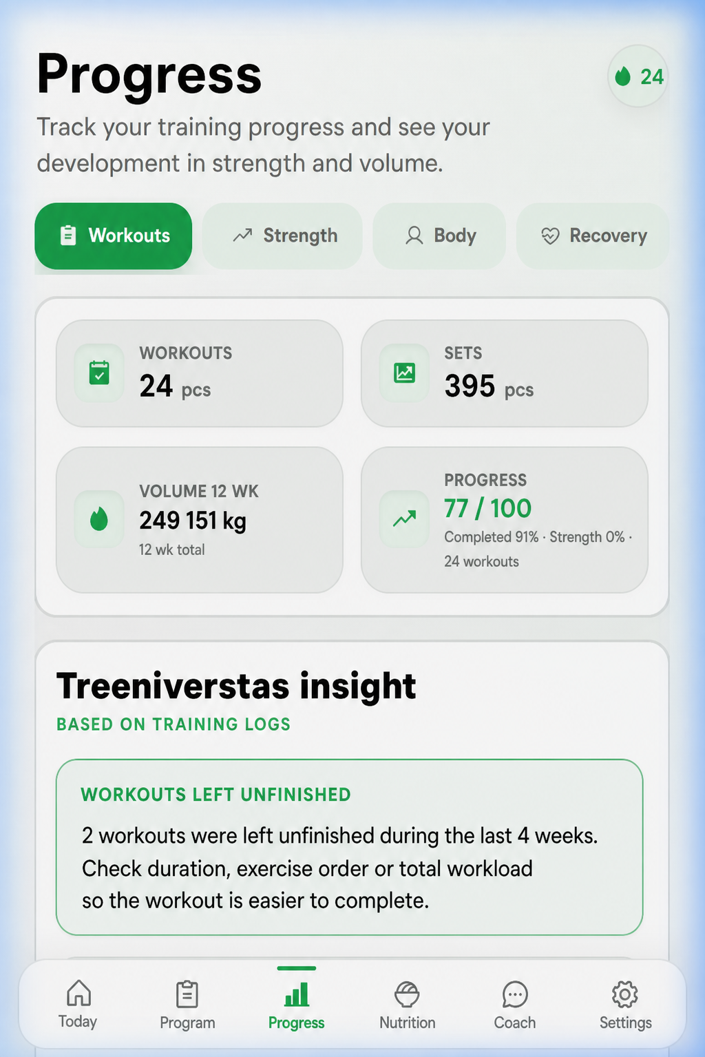 Treeniverstas progress view: workout history, training volume and coaching insight