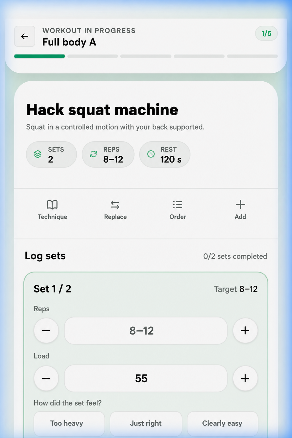 Treeniverstas workout logging view: exercise, sets, repetitions and load controls